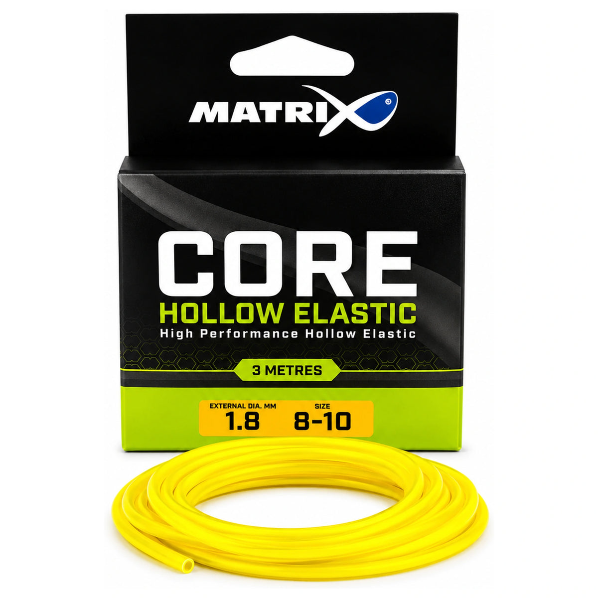 Geel Matrix Core Hollow Elastic vóór de verpakking met opdruk 1.8 mm, 8–10 en 3 metres