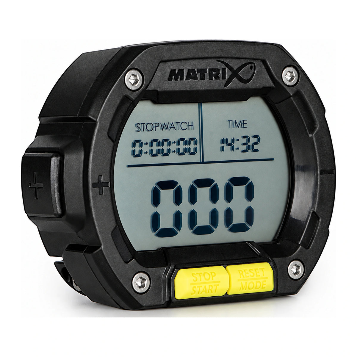 Matrix Digital Clicker GEI001 – schuin vooraanzicht met stopwatch, klok en visteller