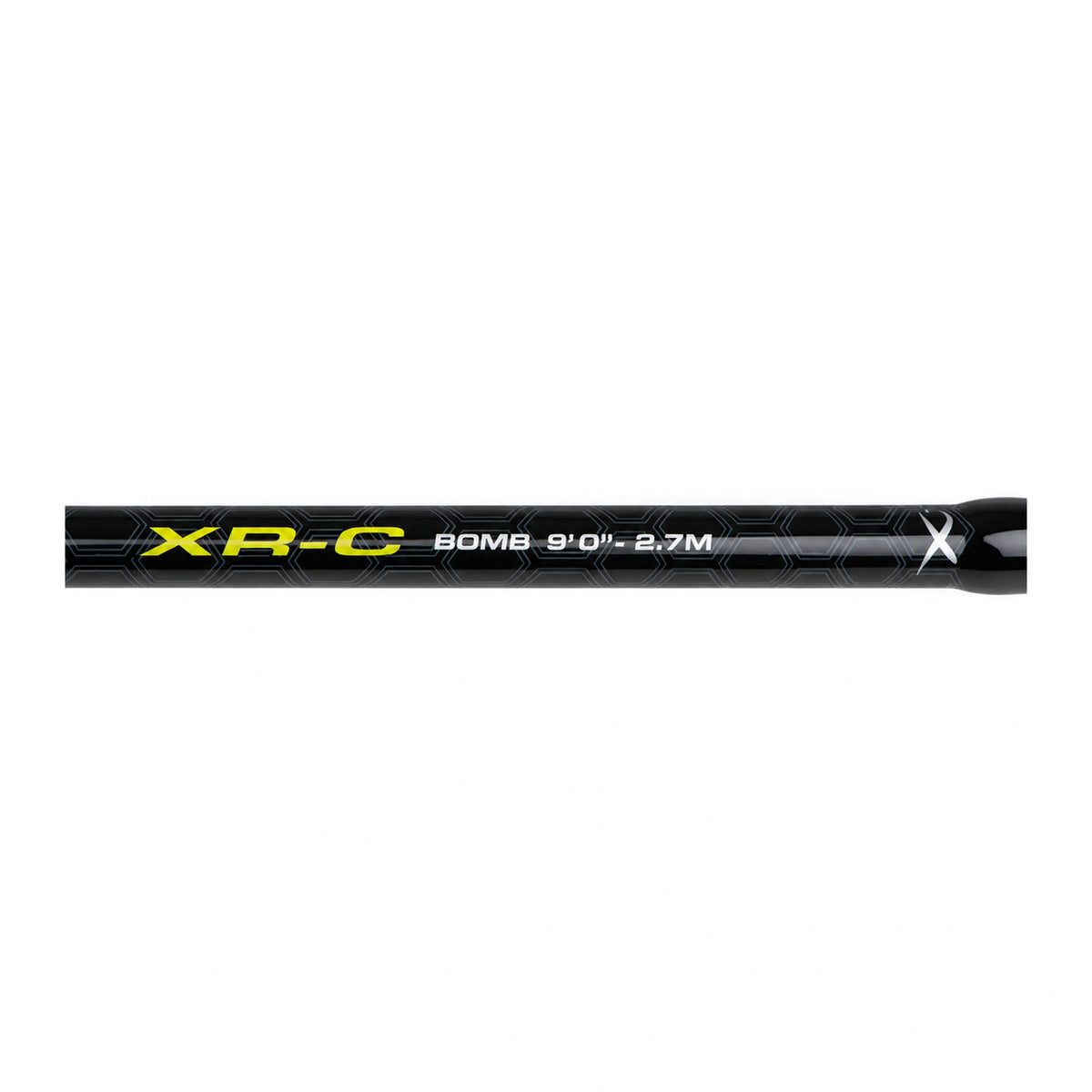 Matrix Ethos XR-C Bomb Rod 9ft – horizontale close-up van de zwarte blank met XR-C BOMB 9ft 2.7M-opdruk en Matrix-logo