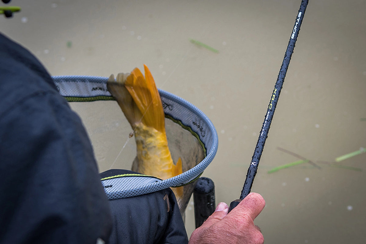 Matrix Ethos XR-C Bomb Rod 9ft – visser houdt de hengel naast een schepnet met een gevangen vis aan de waterkant