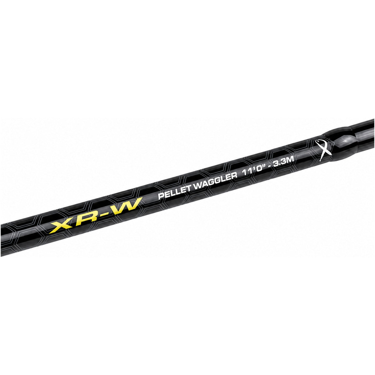 Diagonale zwarte hengelblank met geel XR-W, wit vislogo en opdruk Pellet Waggler 11 voet - 3.3M.