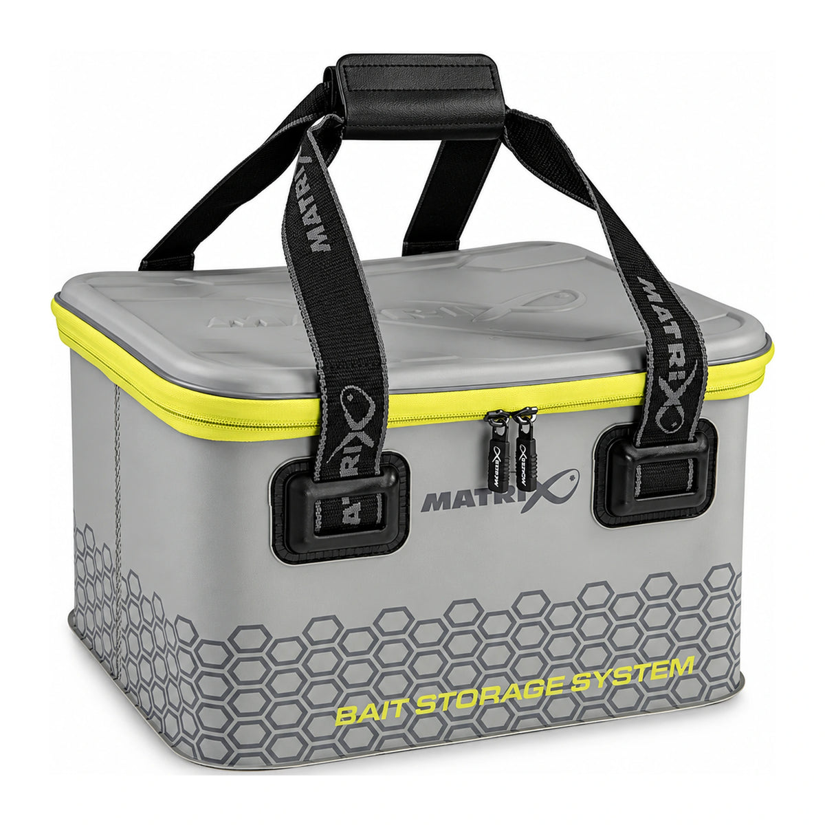 Matrix EVA Bait Storage System – grijze aastas met gele rits, zwarte draagbanden en honingraatpatroon