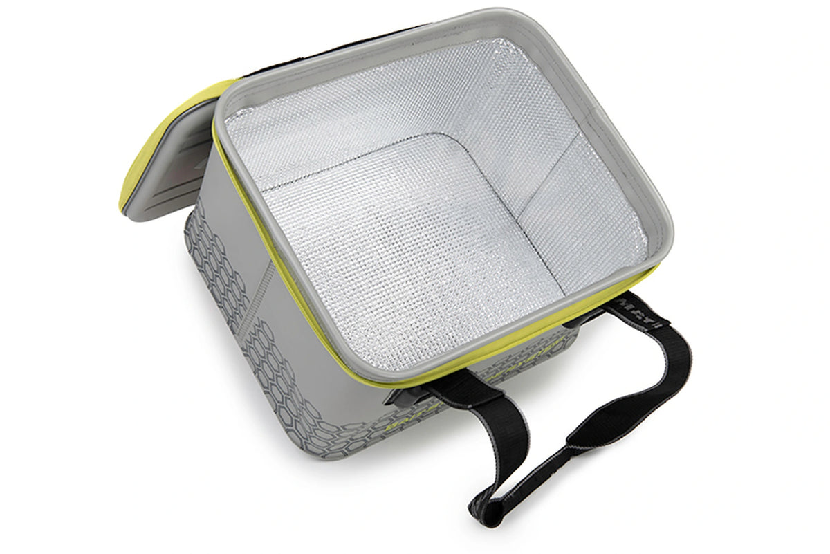 Matrix EVA Bait Storage System – bovenaanzicht van de open aastas met zilverkleurige binnenvoering en deksel