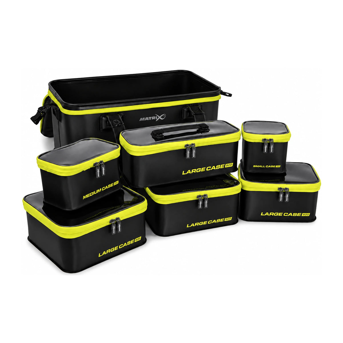 Matrix EVA XL Tackle Storage System GLU160 met open buitentas en zes losse opbergcases op witte achtergrond