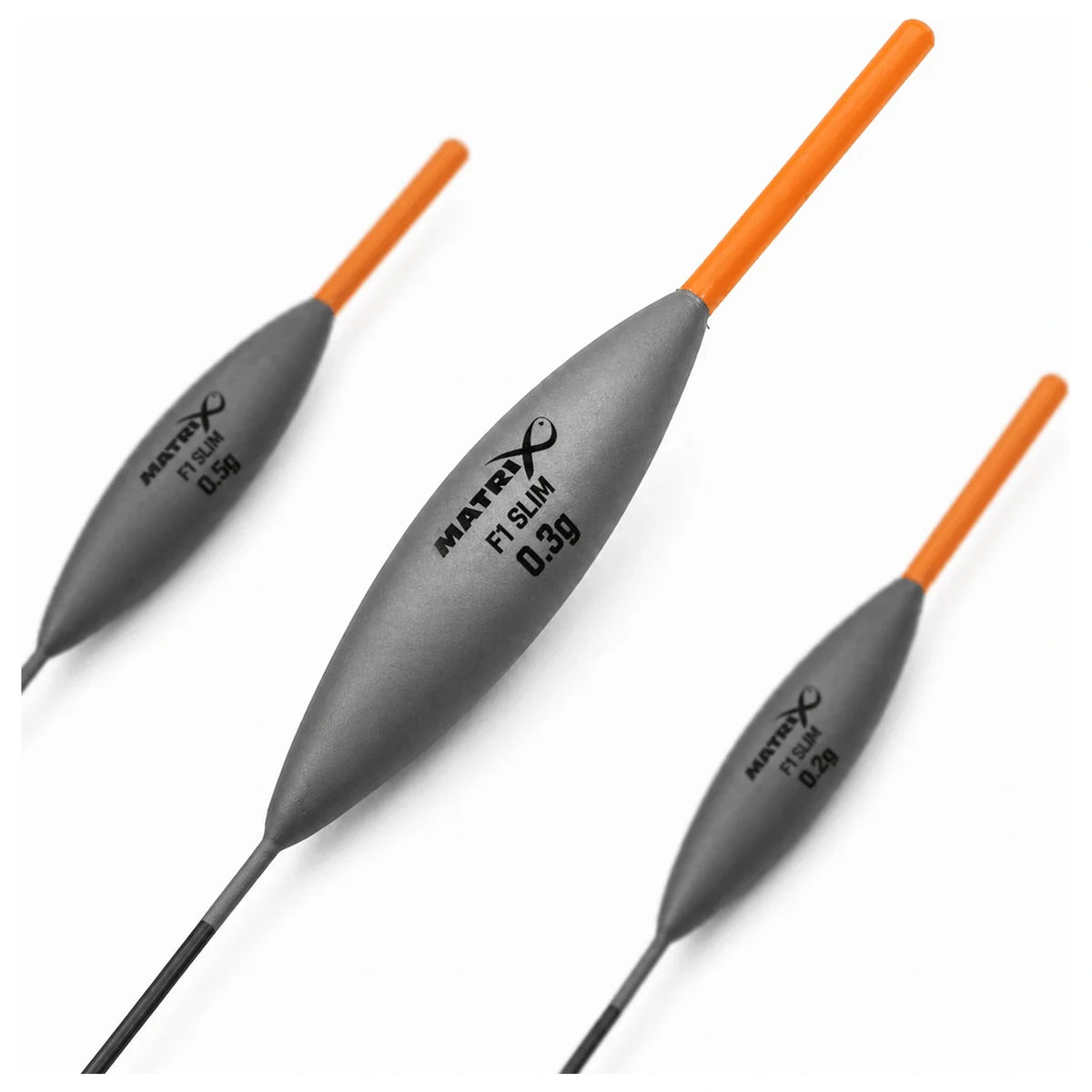 Drie Matrix F1 Slim dobbers met grijze lichamen en oranje antennes