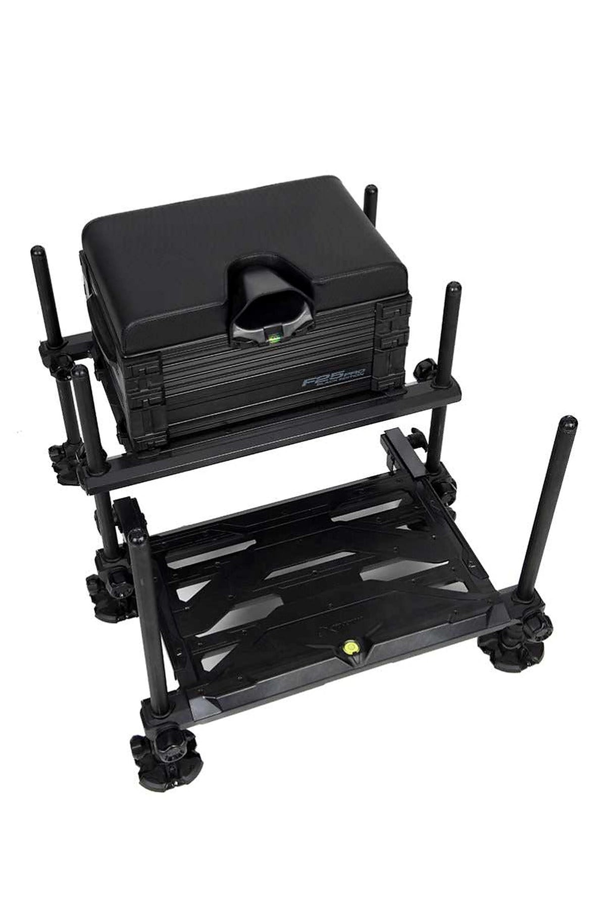 Matrix F25 Pro Seatbox Black Edition schuin van boven met zitting, zes poten en volledige voetplaat