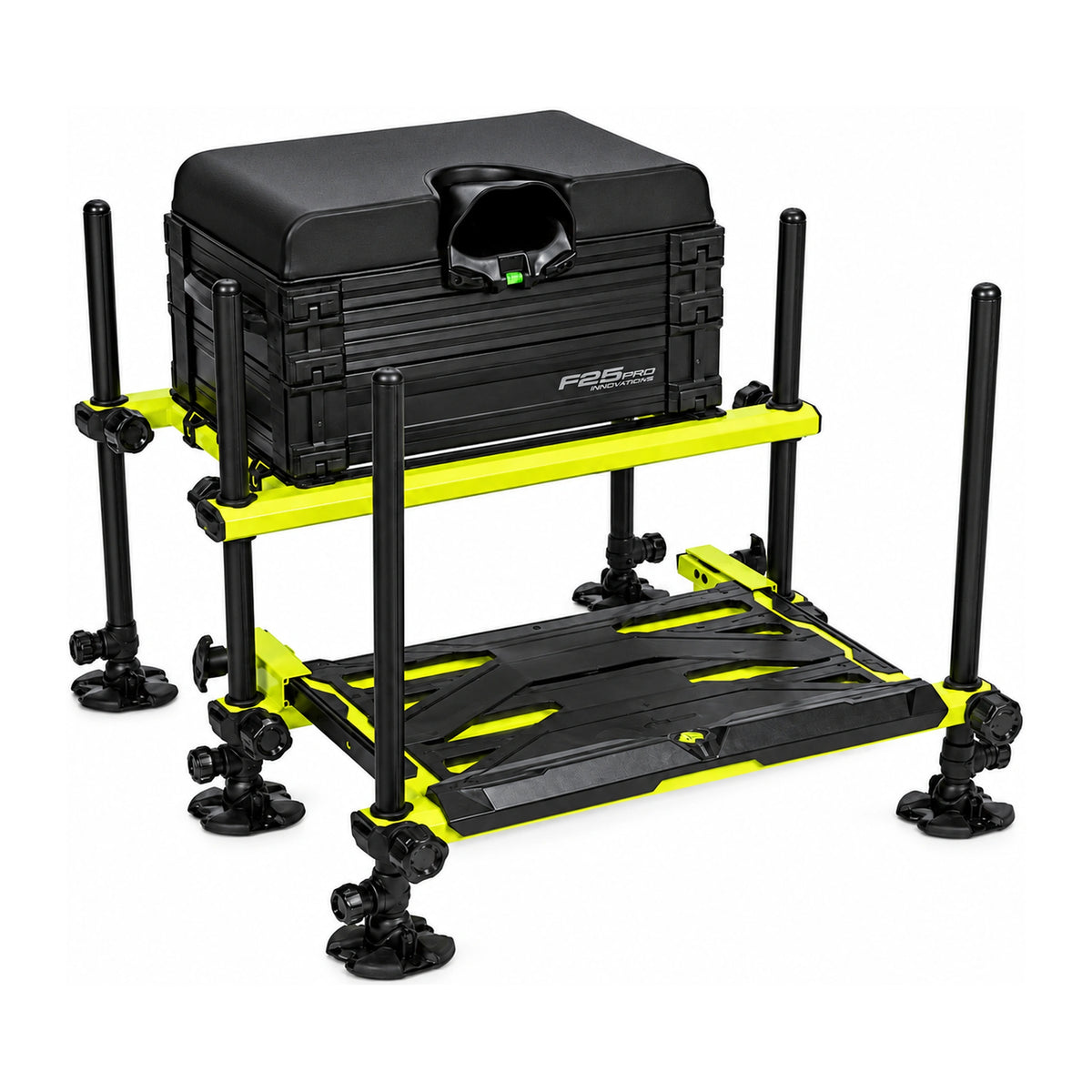 Matrix F25 Pro Seatbox Lime Edition zitkist met lime frame, zes zwarte poten en uitgeschoven voetplaat