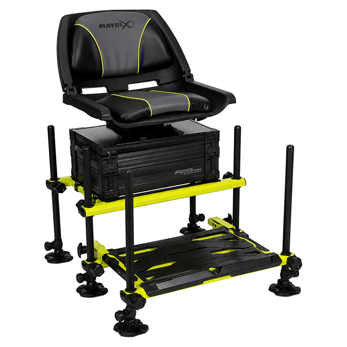 Matrix F25 Pro Swivel Seatbox Lime Edition met draaistoel, zes verstelbare poten en voetplateau
