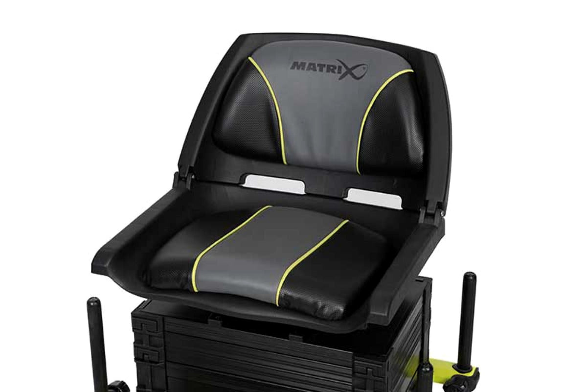 Matrix F25 Pro Swivel Seatbox Lime Edition met detail van zitting, rugsteun en limekleurige biezen