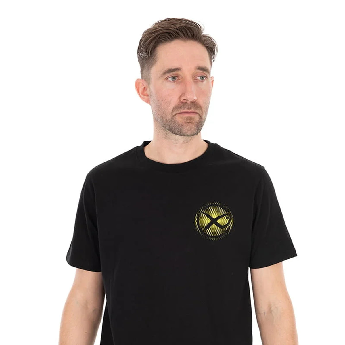 Matrix Fade Logo T-shirt zwart en lime – voorzijde gedragen op model