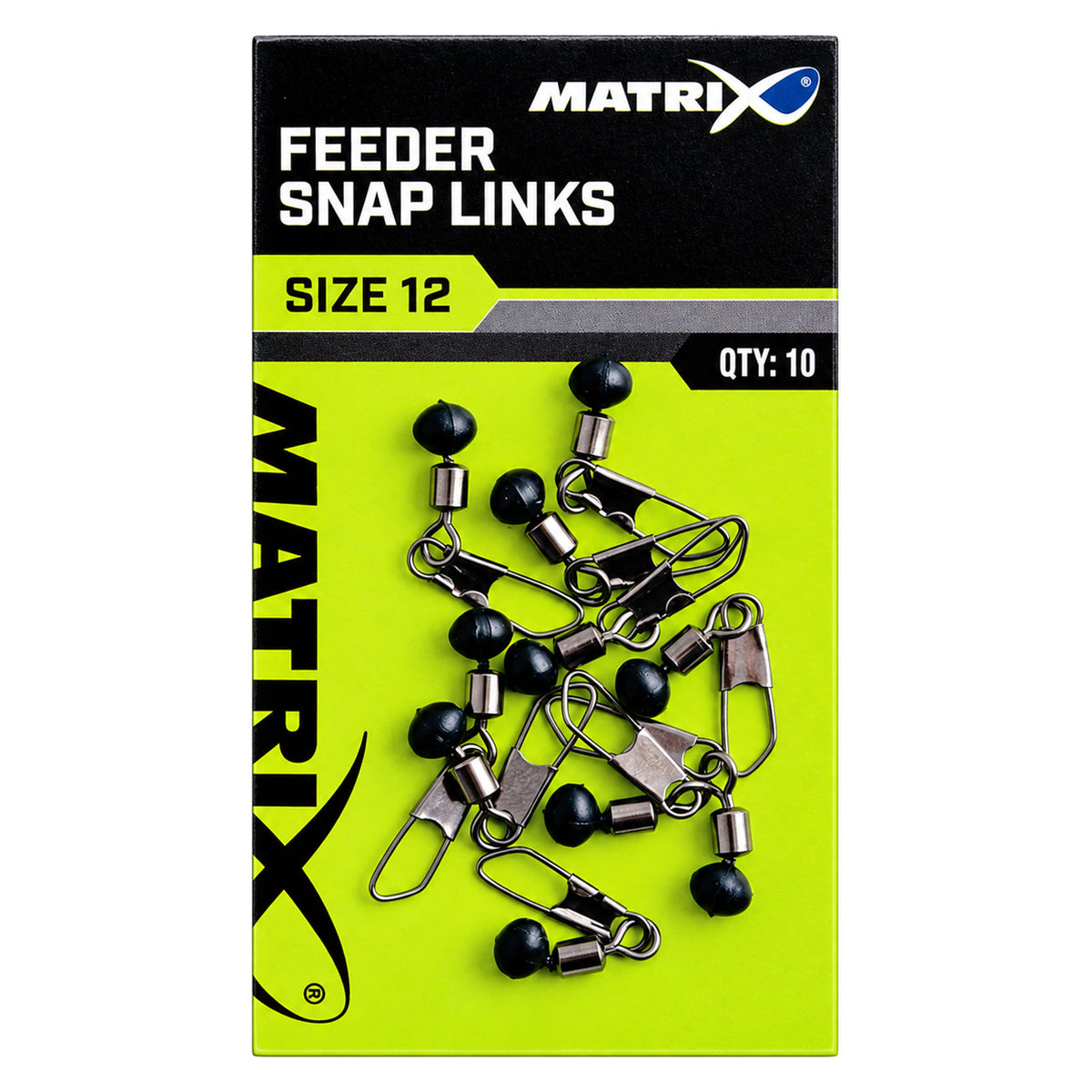 Matrix Feeder Snap Links – verpakking maat 12 met speldwartels en zwarte kralen, 10 stuks