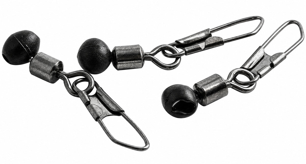 Matrix Feeder Snap Links – drie speldwartels met zwarte kralen in detail