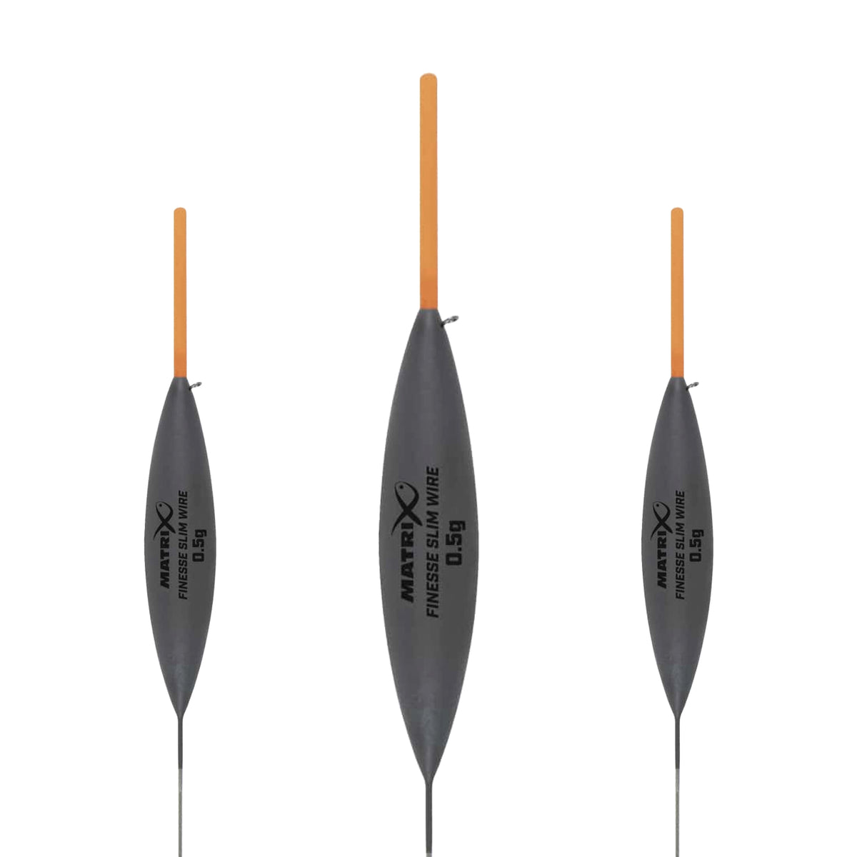 Matrix Finesse Slim Wire 0.5g: drie originele dobbers met oranje antenne, middelste dobber groter
