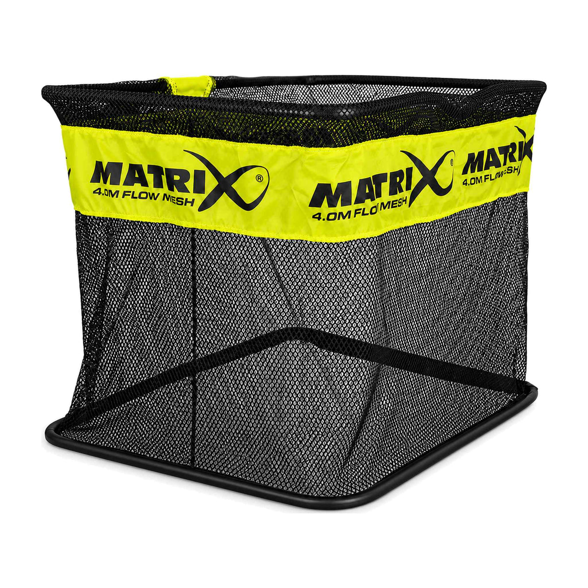 Matrix Flow Mesh Keepnet 4m – bovenste leefnetsectie met zwarte mazen, rechthoekige ringen en gele Matrix-band, cover