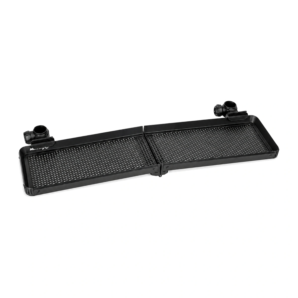 Matrix Folding Side Tray Slim GBA076 – geopende zwarte smalle aastafel met twee geperforeerde helften en twee bevestigingsklemmen