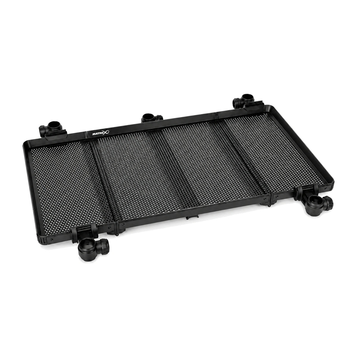 Matrix Folding Side Tray XL GBA078 – volledig uitgeklapte zwarte geperforeerde aastafel met alle bevestigingsklemmen op witte achtergrond