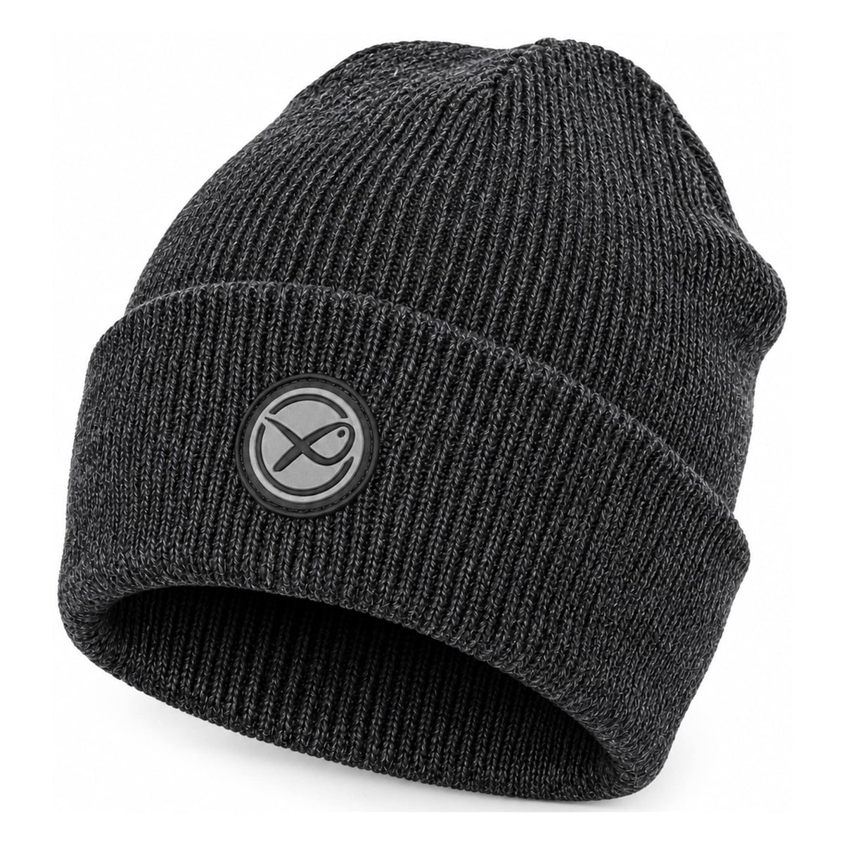 Matrix Grey Beanie GHH009 grijze gebreide muts met ronde Matrix-badge op witte achtergrond
