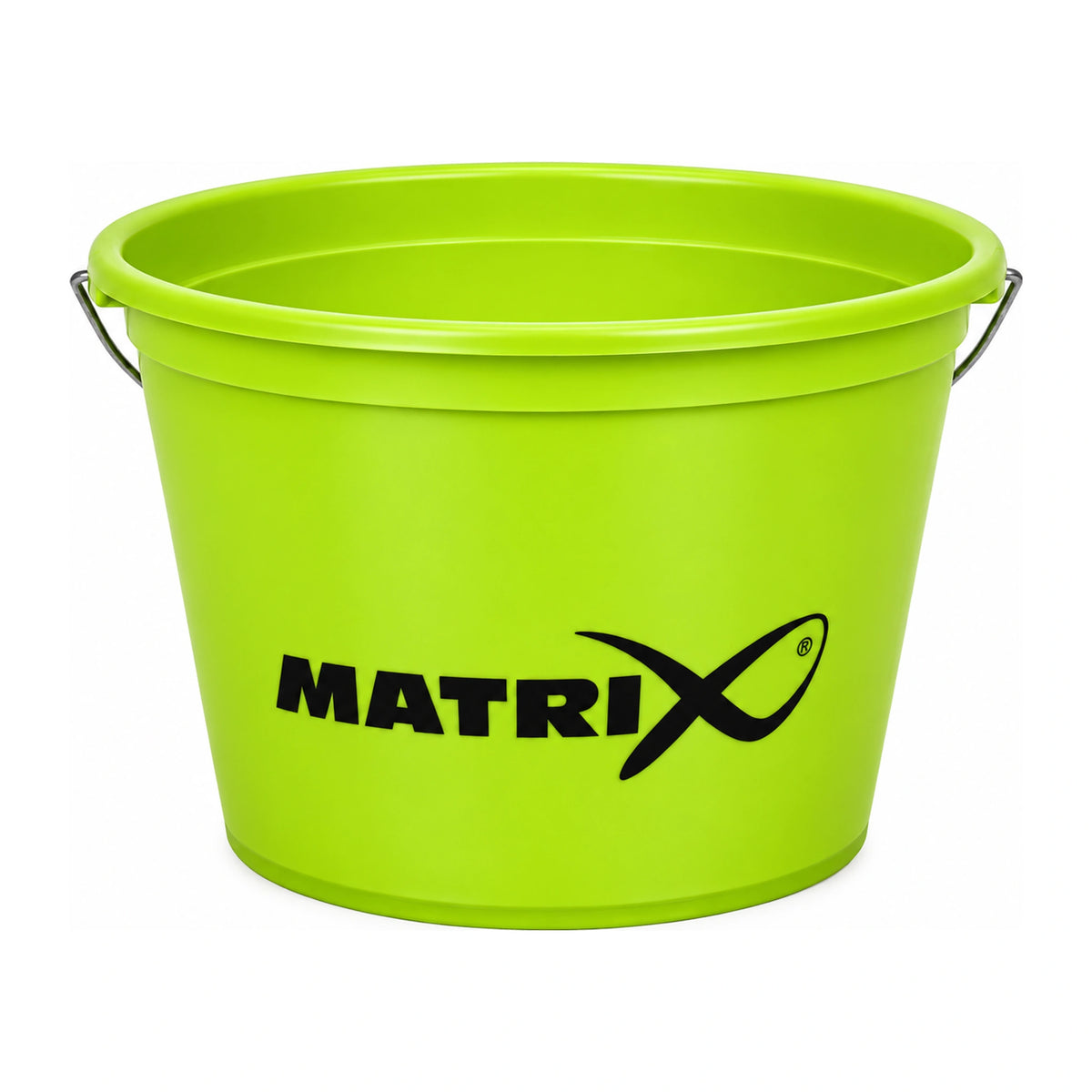Matrix Groundbait Bucket 25L, lime voeremmer met Matrix-logo en neergeklapte draagbeugel