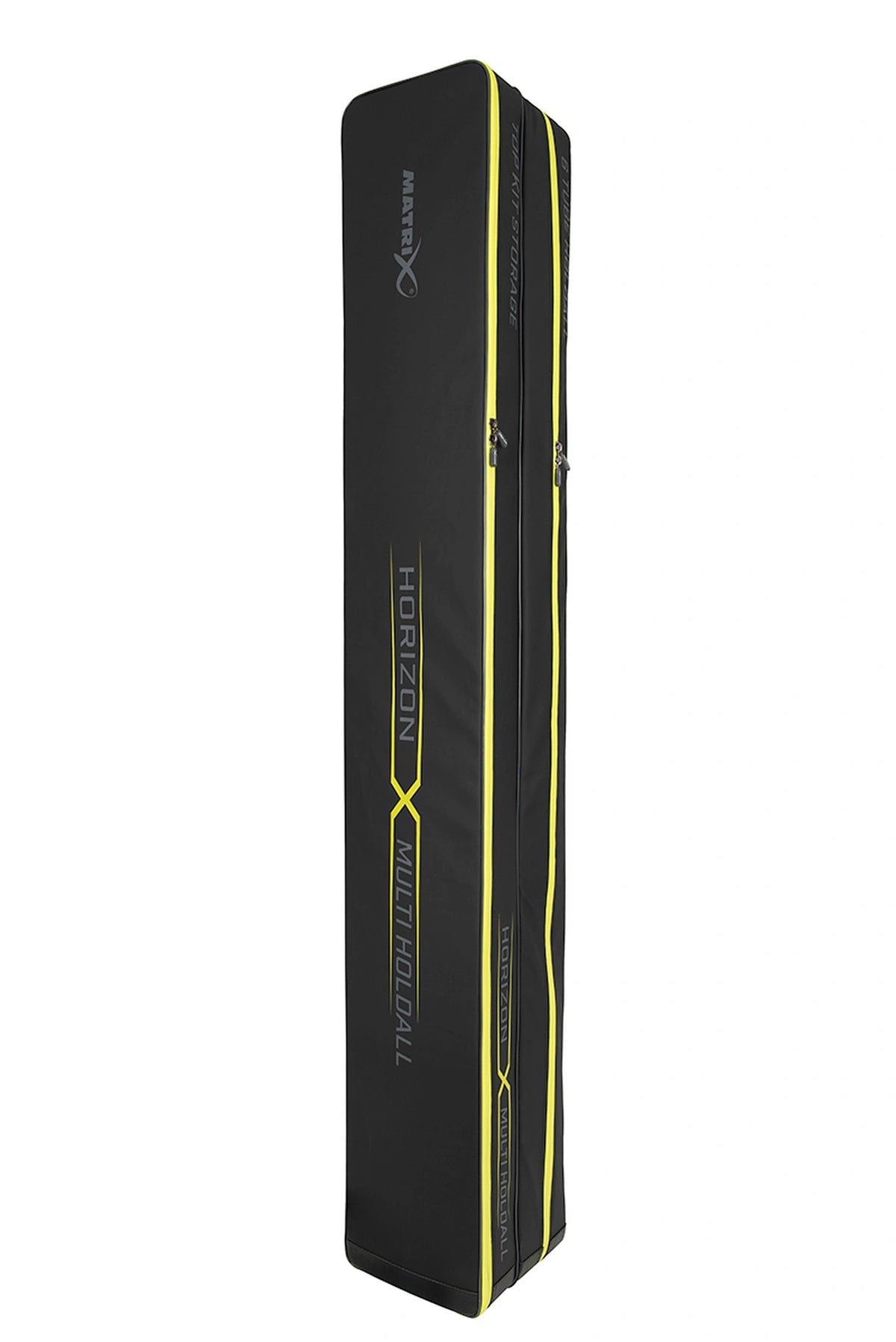 Matrix Horizon X Multi Pole Holdall – andere zijde van het zwarte foedraal met Matrix-logo, modelbedrukking en gele ritsen