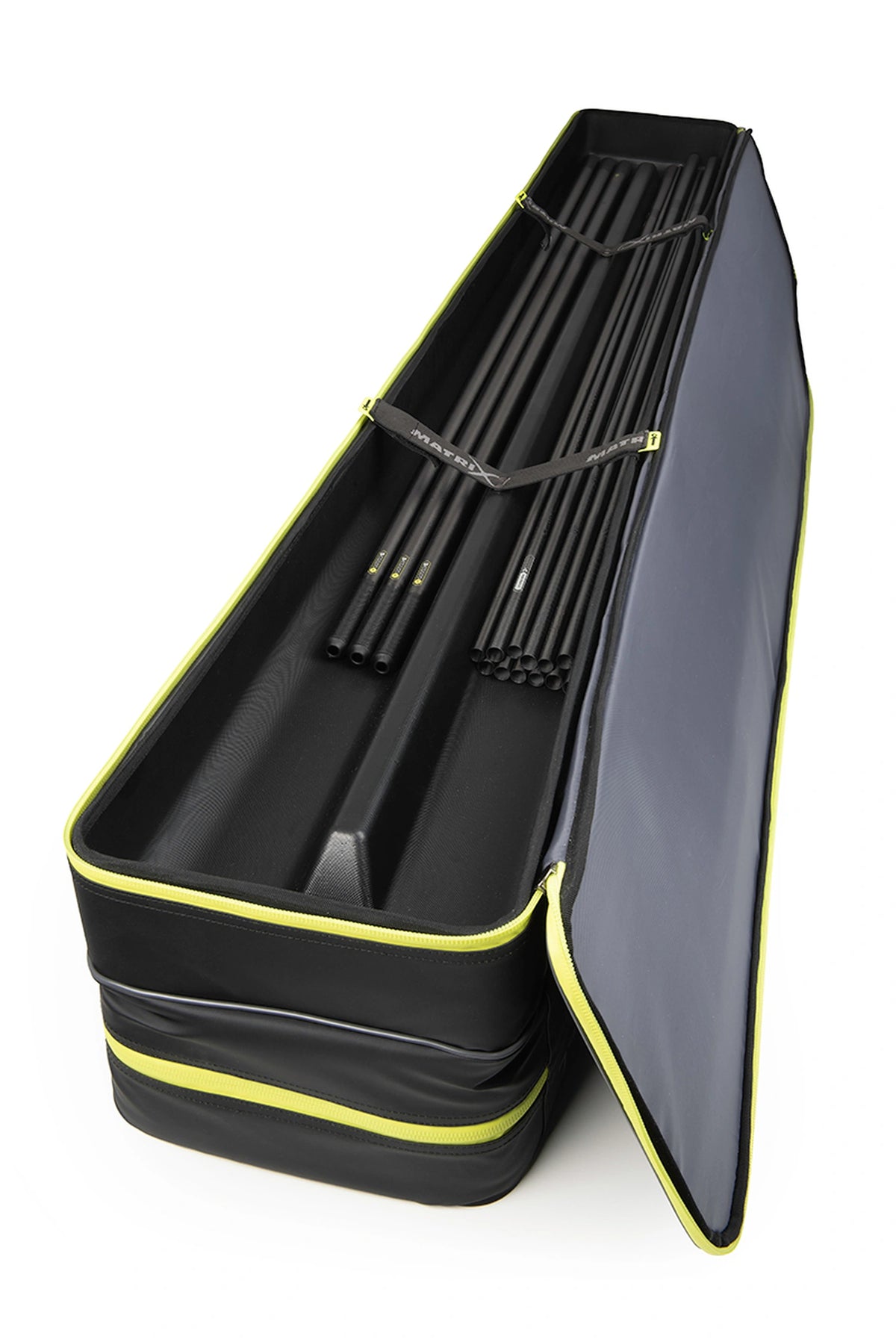 Matrix Horizon X Multi Pole Holdall – geopend foedraal met hengeldelen, topsets, tussenschot en bevestigingsriemen