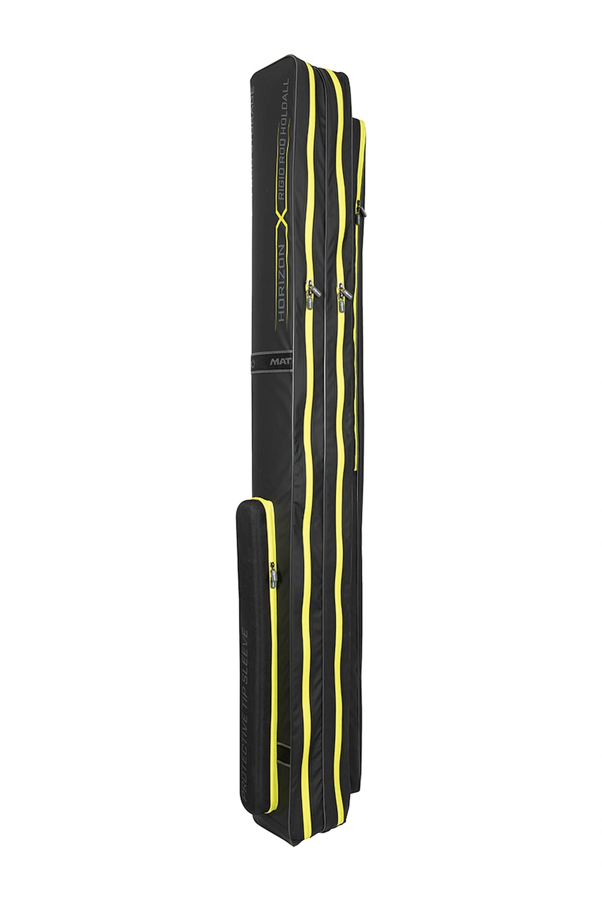 Matrix Horizon X Rigid Rod Holdall 2-4 – andere zijde met modelbedrukking, gele ritsen en het vak voor hengeltoppen