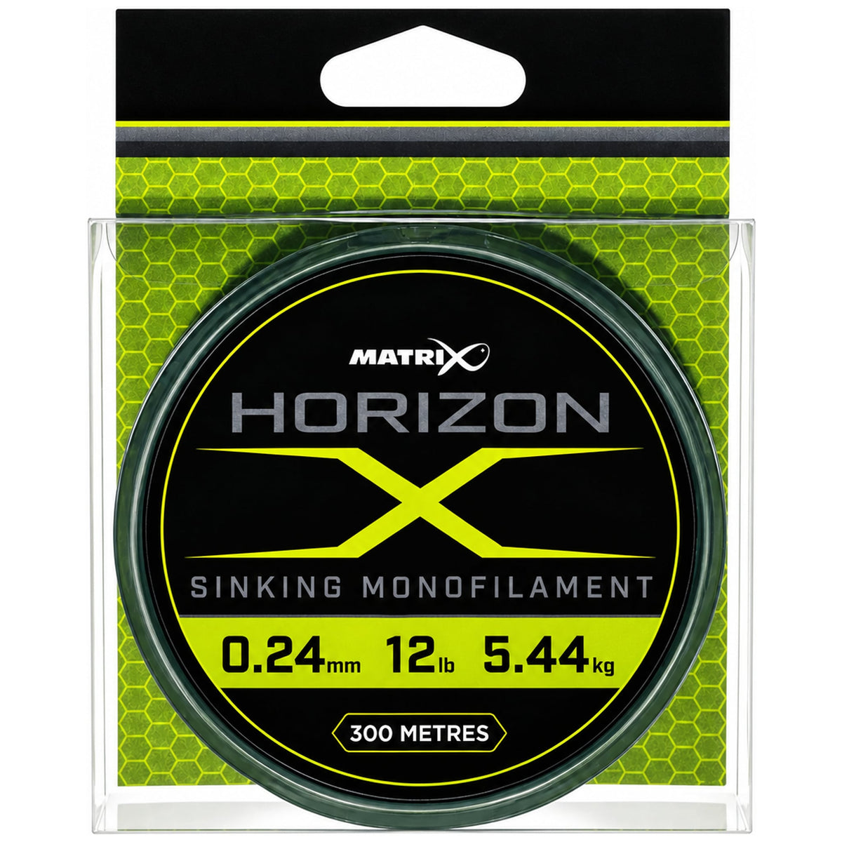 Matrix Horizon X-spoel in transparante verpakking met de opdruk 0.24 mm, 12 lb, 5.44 kg en 300 metres.