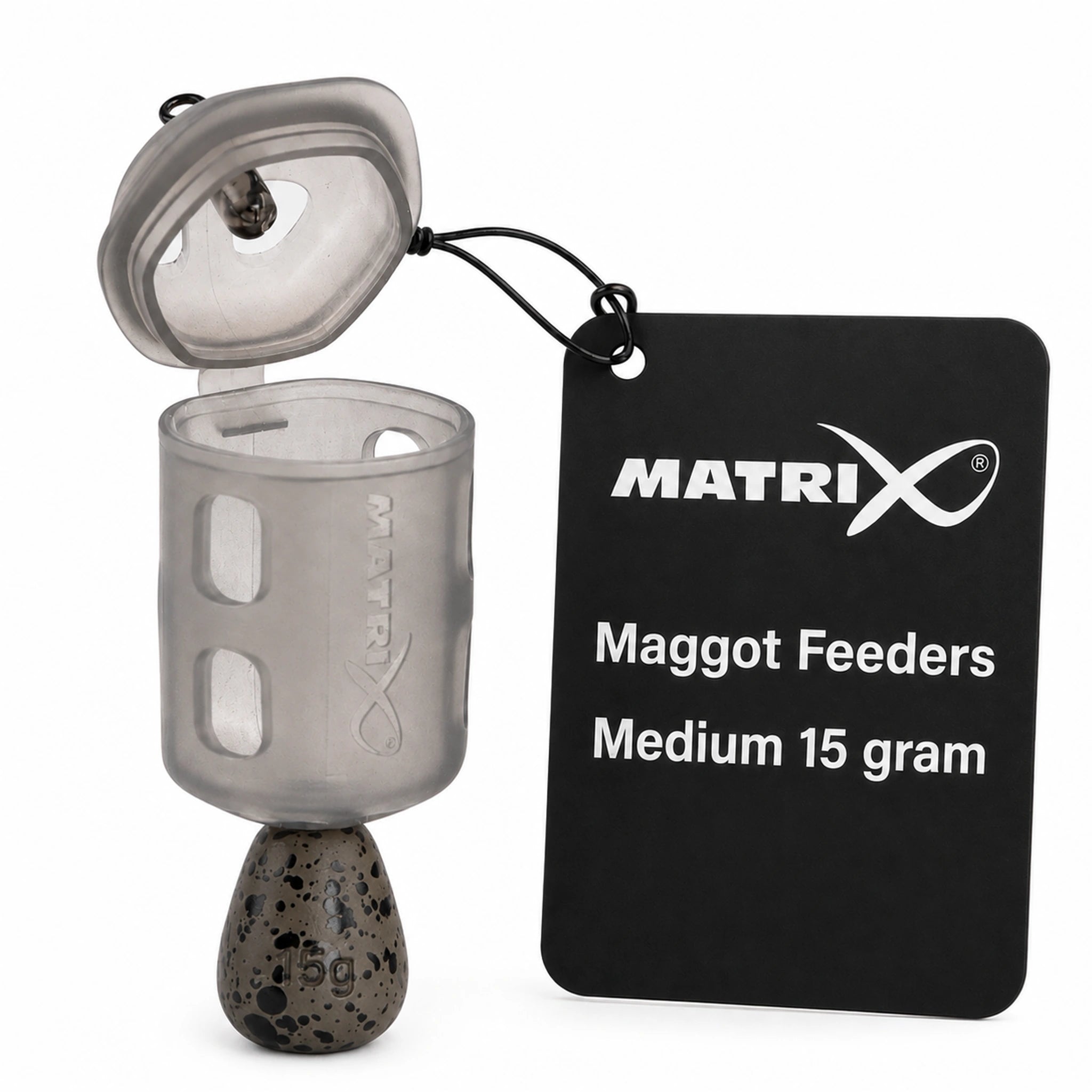 Matrix Maggot Feeders Medium 15 gram GFR310 – geopende madenkorf met presentatielabel