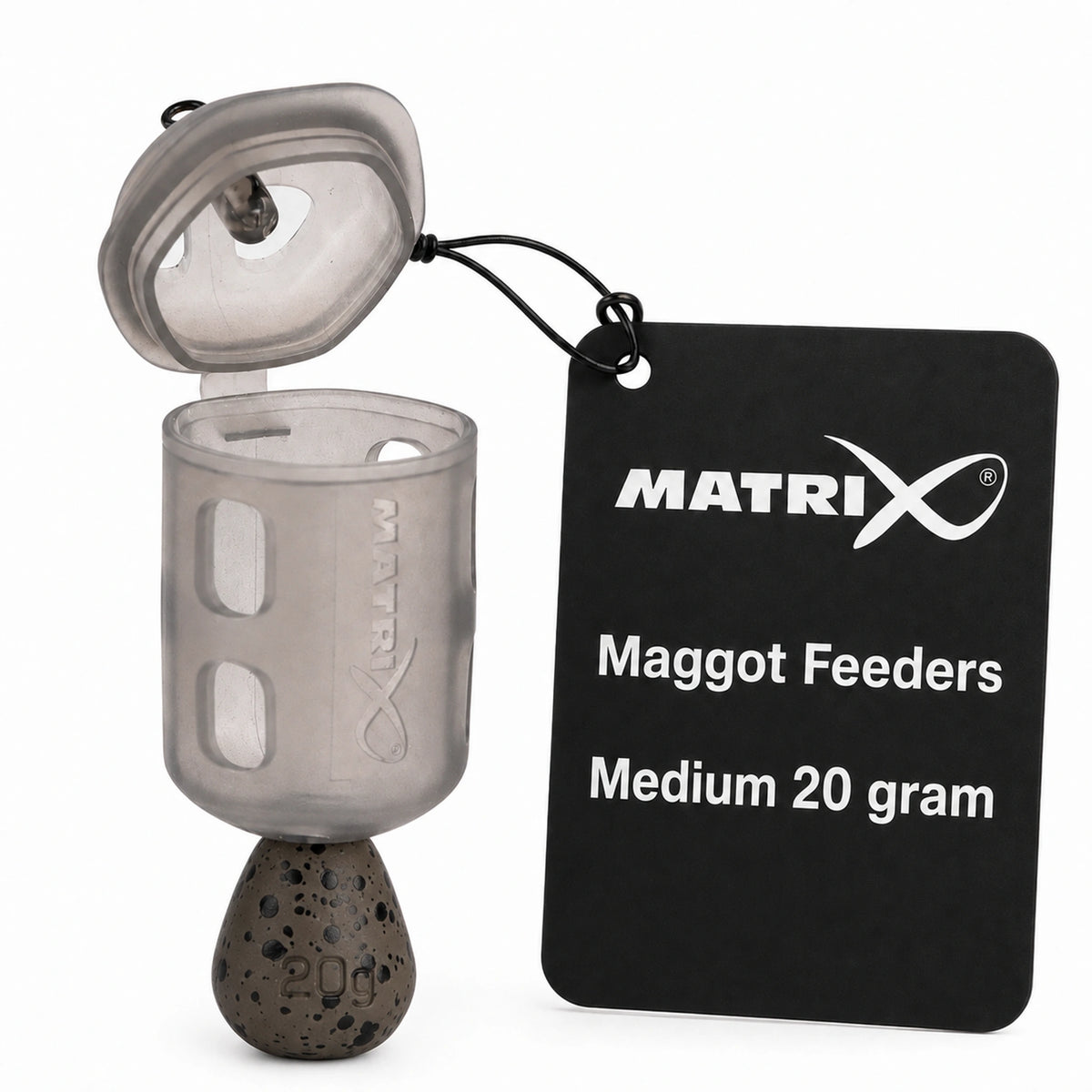 Matrix Maggot Feeders Medium 20 gram GFR311 – geopende madenkorf met presentatielabel