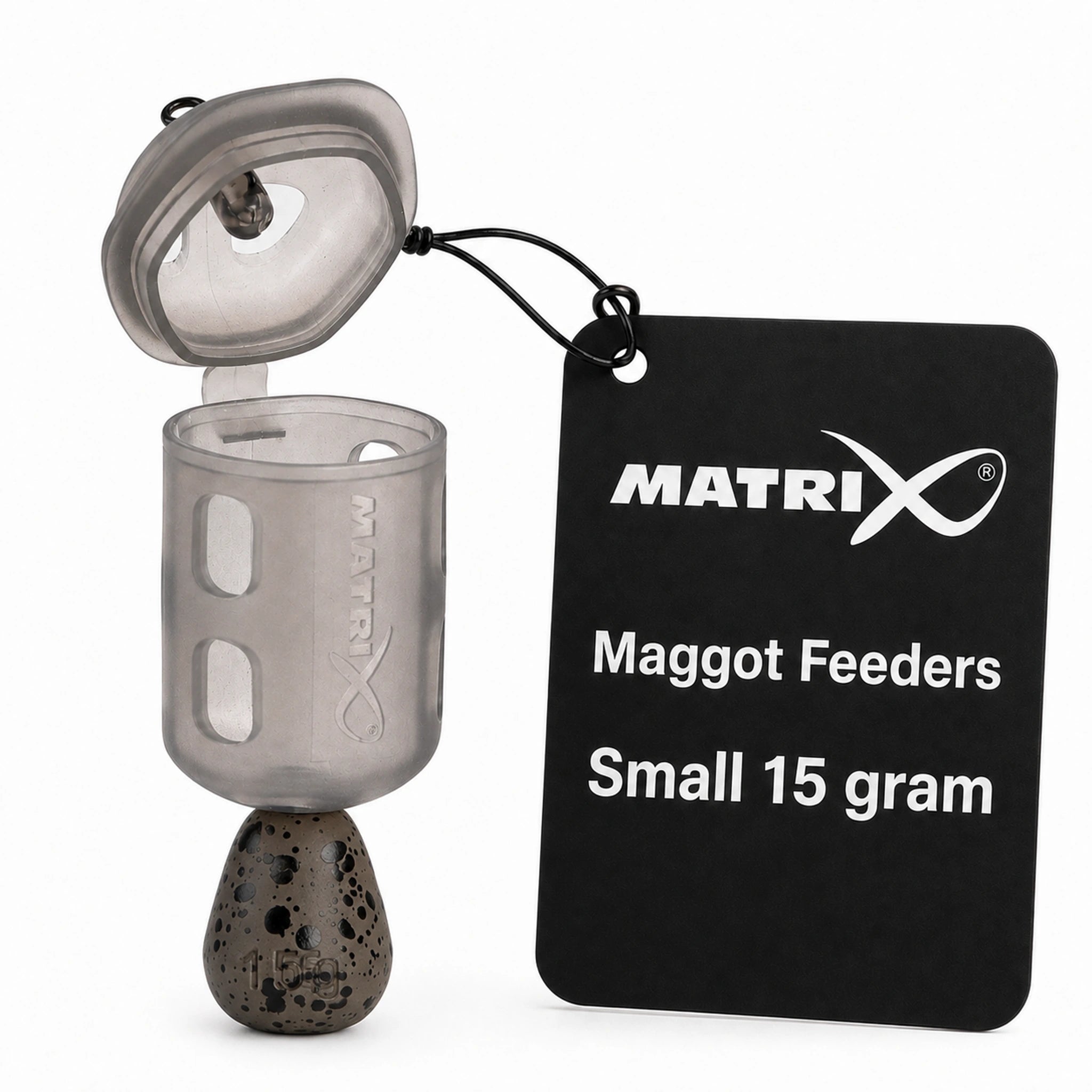 Matrix Maggot Feeders Small 15 gram GFR307 – geopende madenkorf met presentatielabel