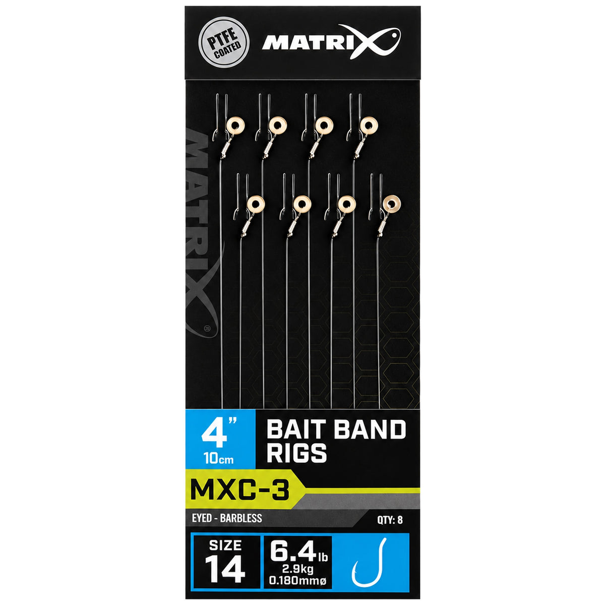 Matrix MXC-3-verpakking met acht onderlijnen en beige baitbands, met de opdruk 10 cm en maat 14.