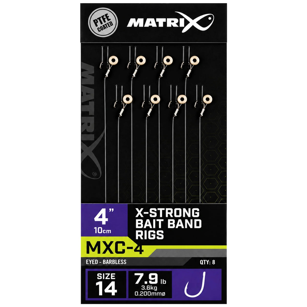 Matrix MXC-4-verpakking met paarse vlakken, acht onderlijnen en beige baitbands, met de opdruk 10 cm en maat 14.