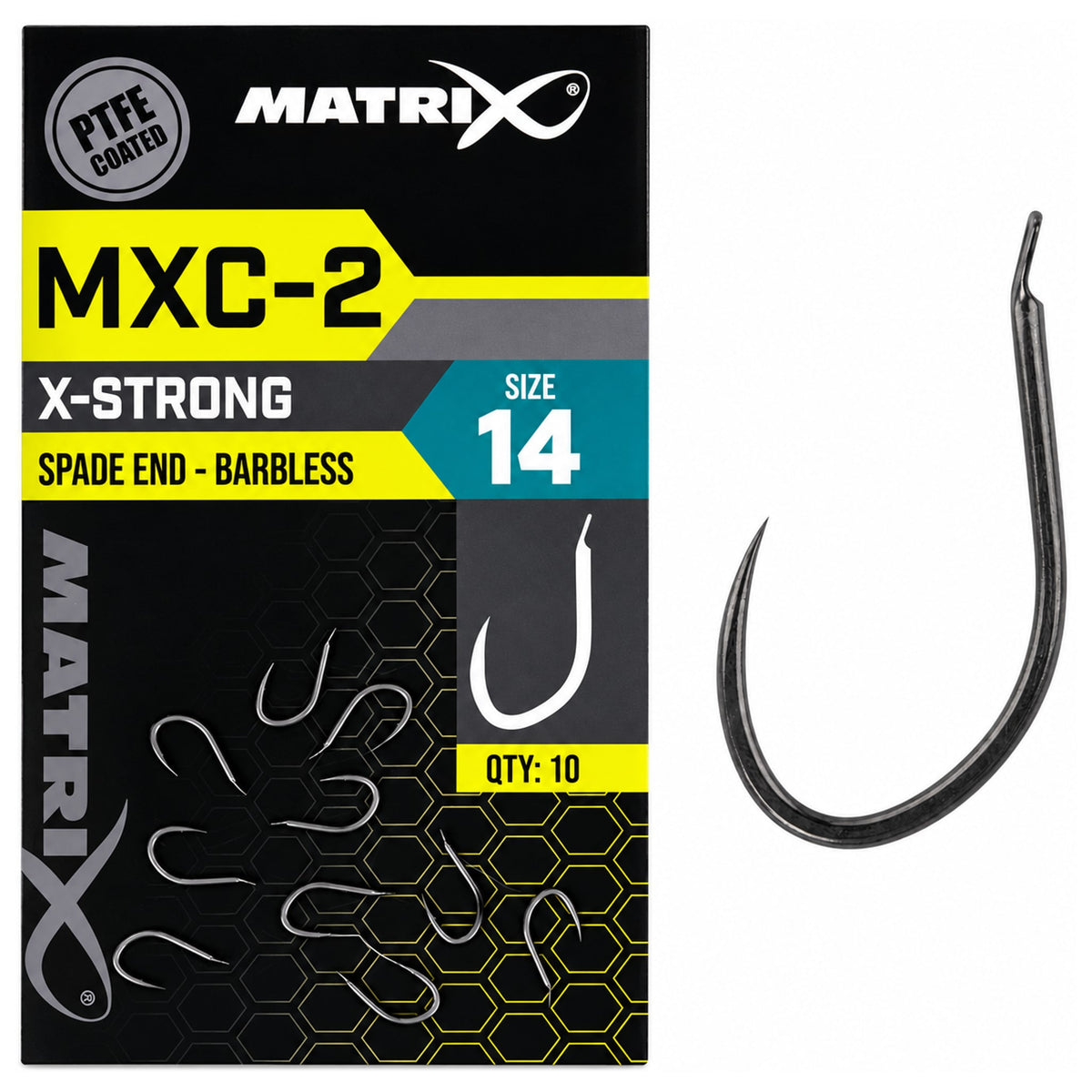 Matrix MXC-2 maat 14: zwart-gele verpakking met losse haken en een vergrote haak