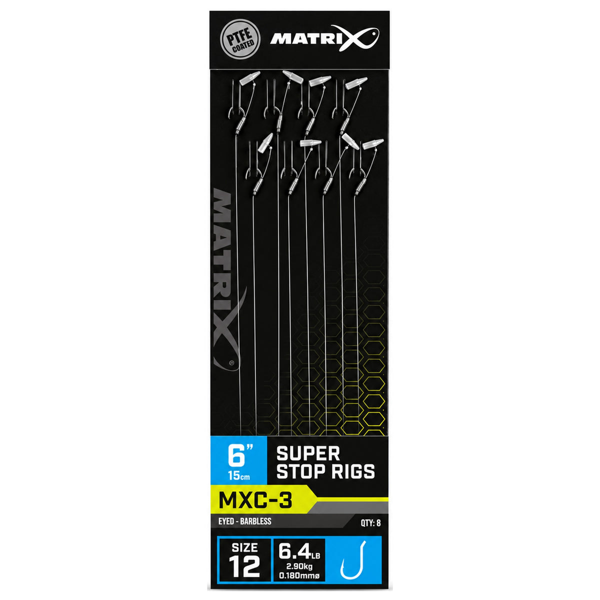 Matrix MXC-3 Super Stop Rigs: verticale verpakking met acht onderlijnen, maat 12 en 15 cm-opdruk