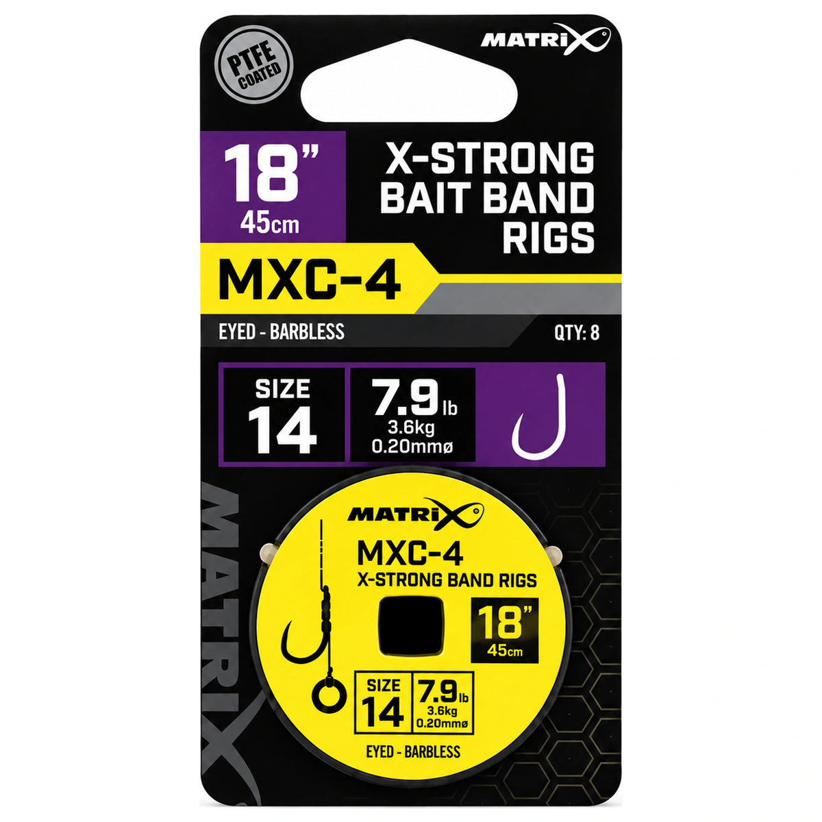 Matrix MXC-4 Bait Band Rigs – verpakking met gele spoel, haakmaat 14 en 0,20 mm lijn