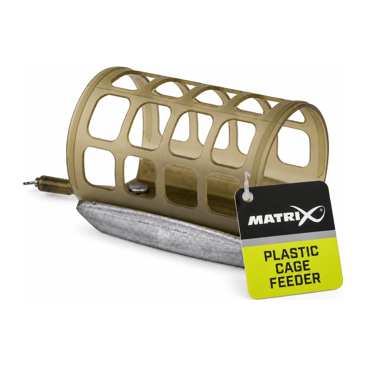 Matrix Plastic Cage Feeder met olijfgroene kunststof korf, loden voet en zwart-limoen productlabel
