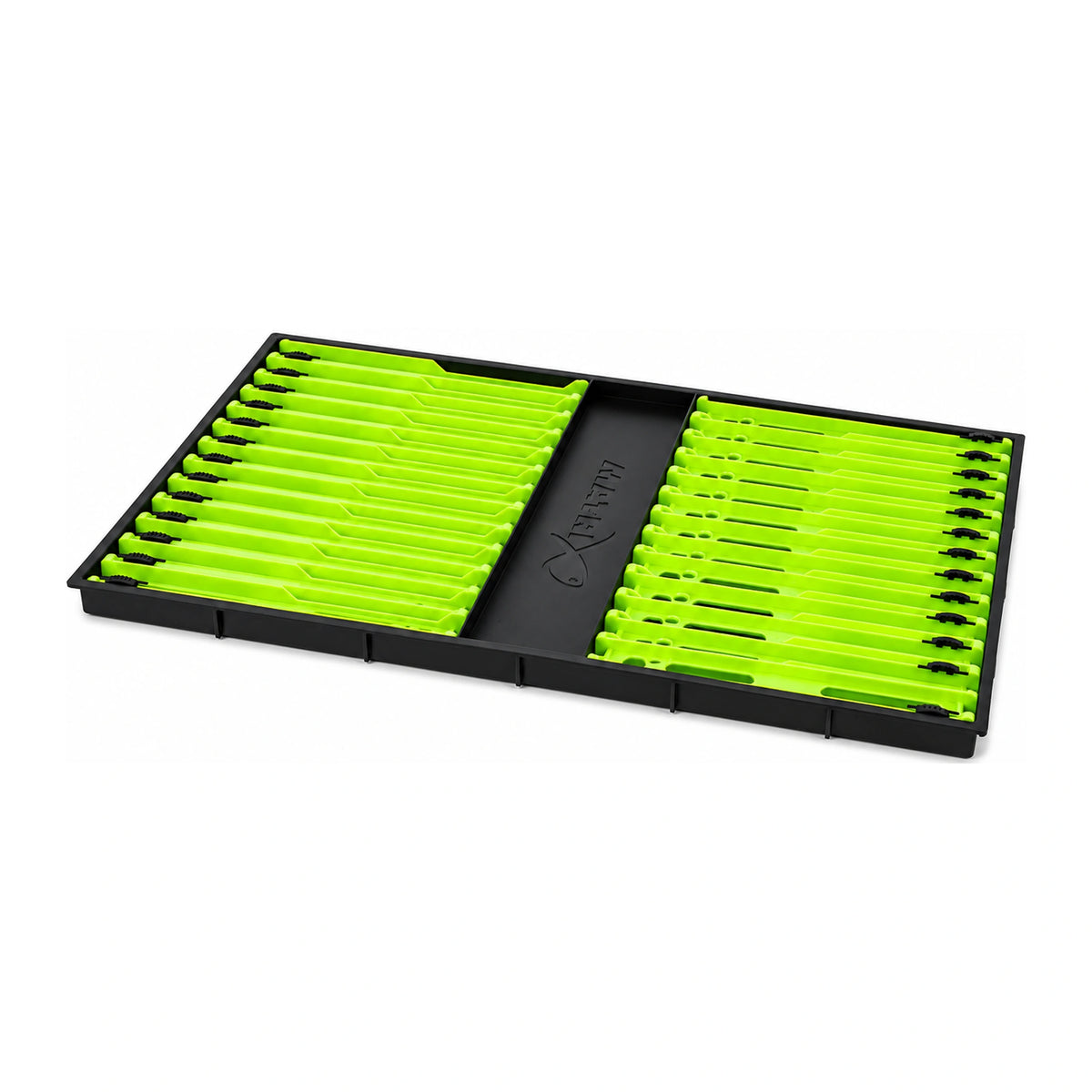 Matrix Pole Winders Loaded Tray – limegroene plankjes in twee rijen met zwarte clips en een brede zwarte middenstrook