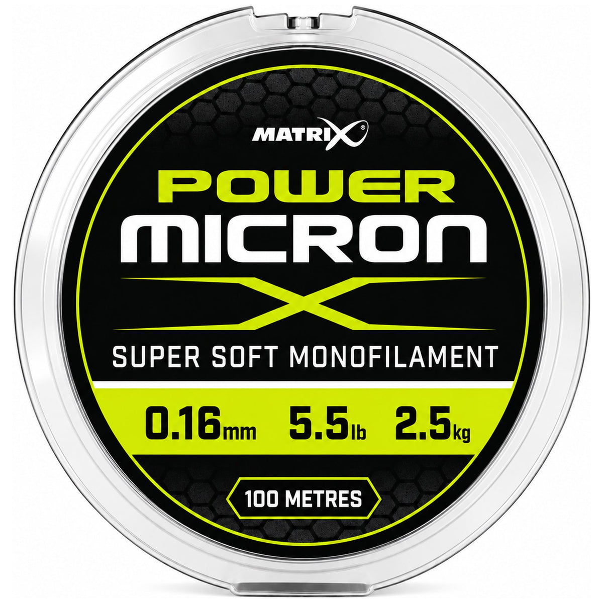 Ronde Matrix Power Micron-spoel met transparante rand en de opdruk 0.16 mm, 5.5 lb, 2.5 kg en 100 metres.