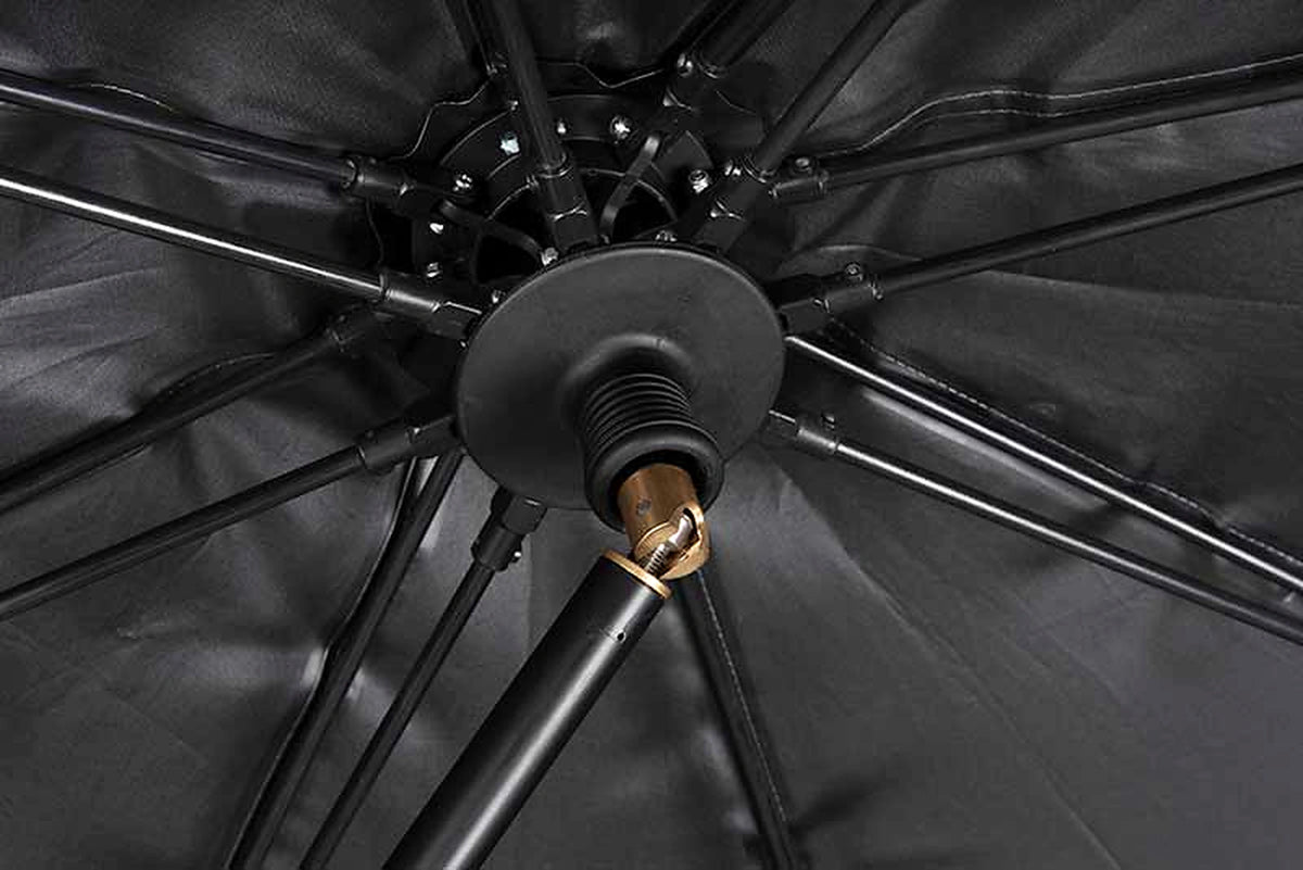 Matrix Pro Over Brolly 45 Inch – binnenaanzicht van de ribben, centrale schuif en scharnierende verbinding van de steel