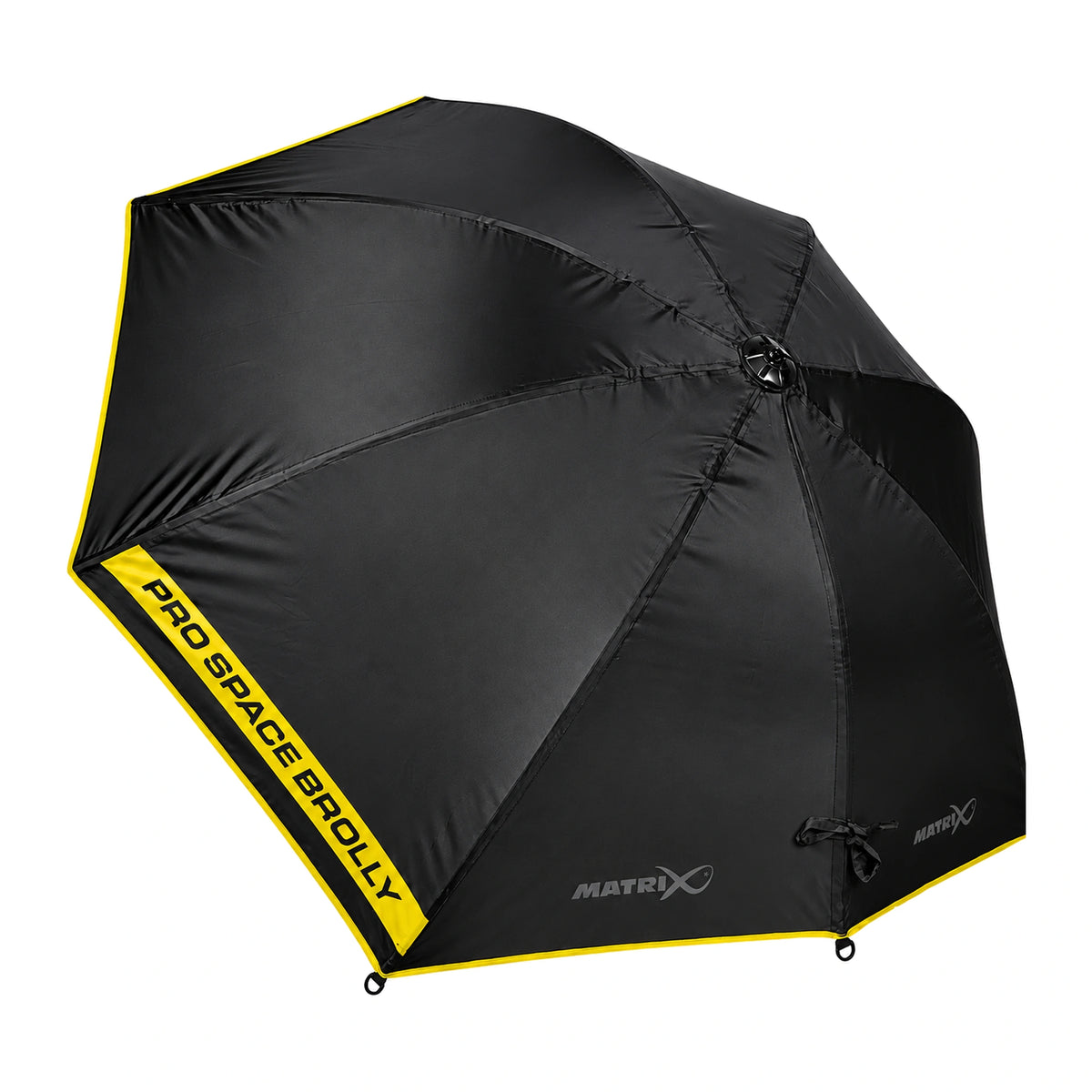 Matrix Pro Space Brolly met zwarte kap, gele rand en PRO SPACE BROLLY-opdruk, schuin van boven
