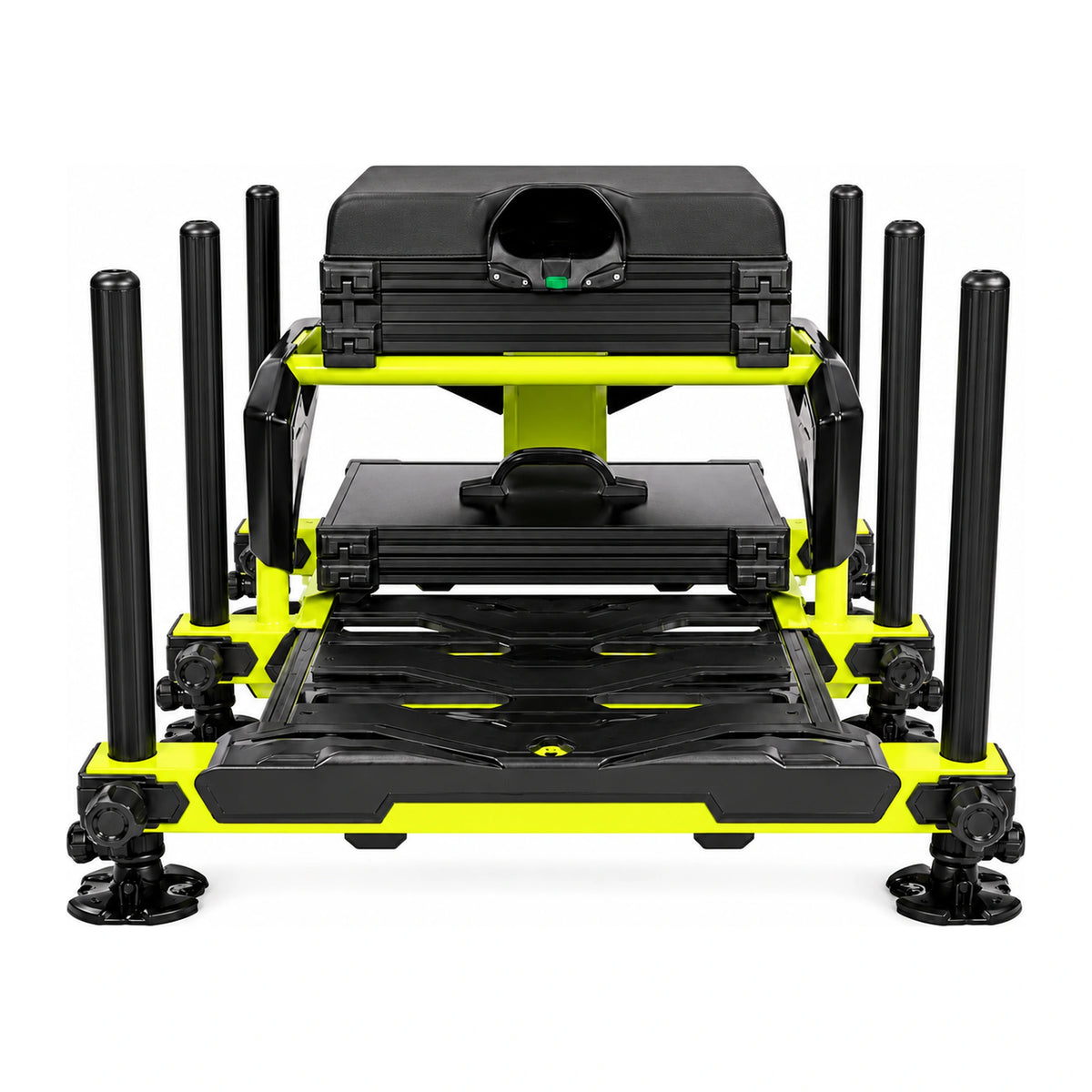 Matrix S36 Pro Lime-zitkist – volledig vooraanzicht met zes zwarte poten, lime frame en zwart voetenplatform