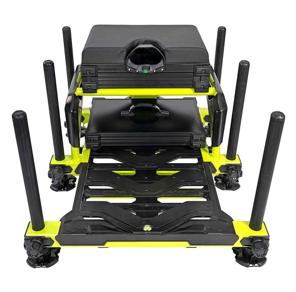 Matrix S36 Pro Lime-zitkist – verhoogd vooraanzicht met zitting, opbergkoffer en volledig voetenplatform