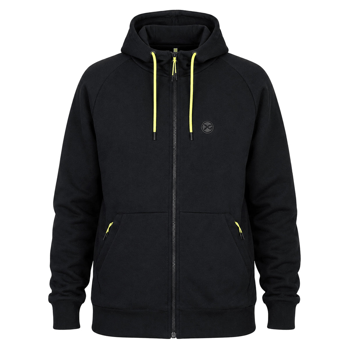 Matrix Sherpa Hoody: zwarte hoodie met volledige rits, gele koorden en borstlogo, vooraanzicht