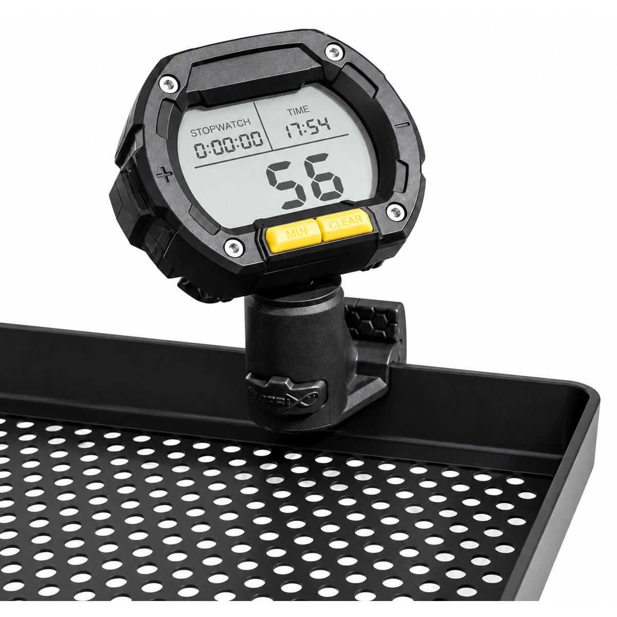 Matrix Side Tray QR Clamp met stopwatch op aastafel