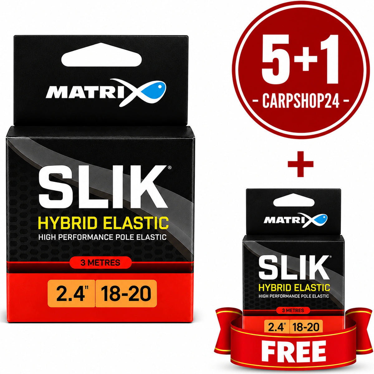 Matrix SLIK Hybrid Elastic – grote en kleine zwart-rode verpakking met 2.4- en 18–20-opdruk, 5+1-badge en rood FREE-lint.
