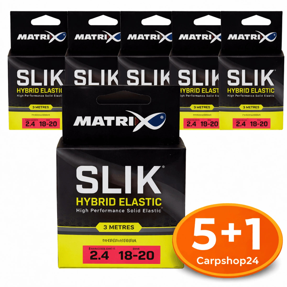 Zes verpakkingen Matrix SLIK Hybrid Elastic 3 m, rood 2.4 mm maat 18–20, bij de 5+1-pakketdeal