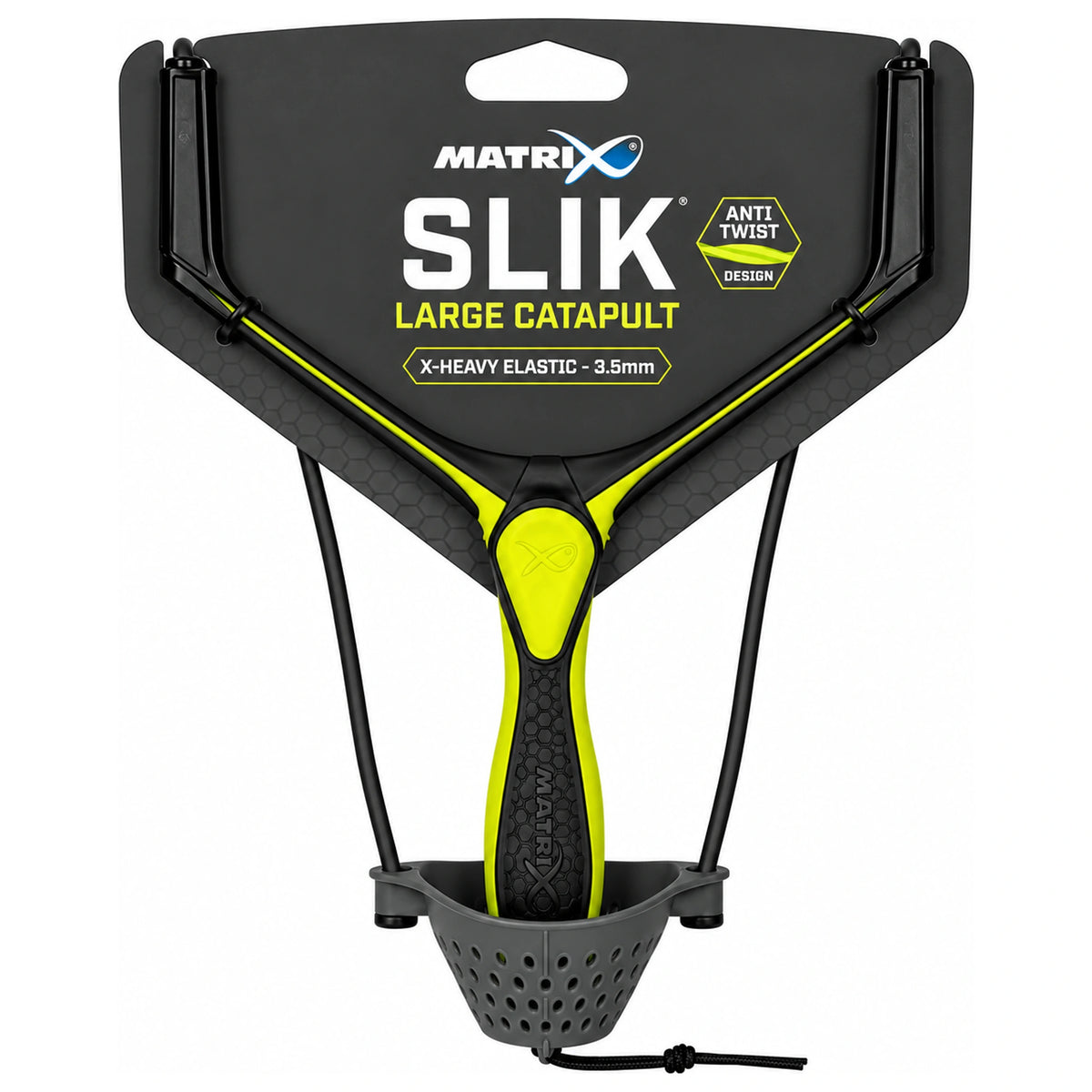 Matrix SLIK Large Catapult V2 – verpakking met X-Heavy elastiek van 3.5 mm en geperforeerde voerbak