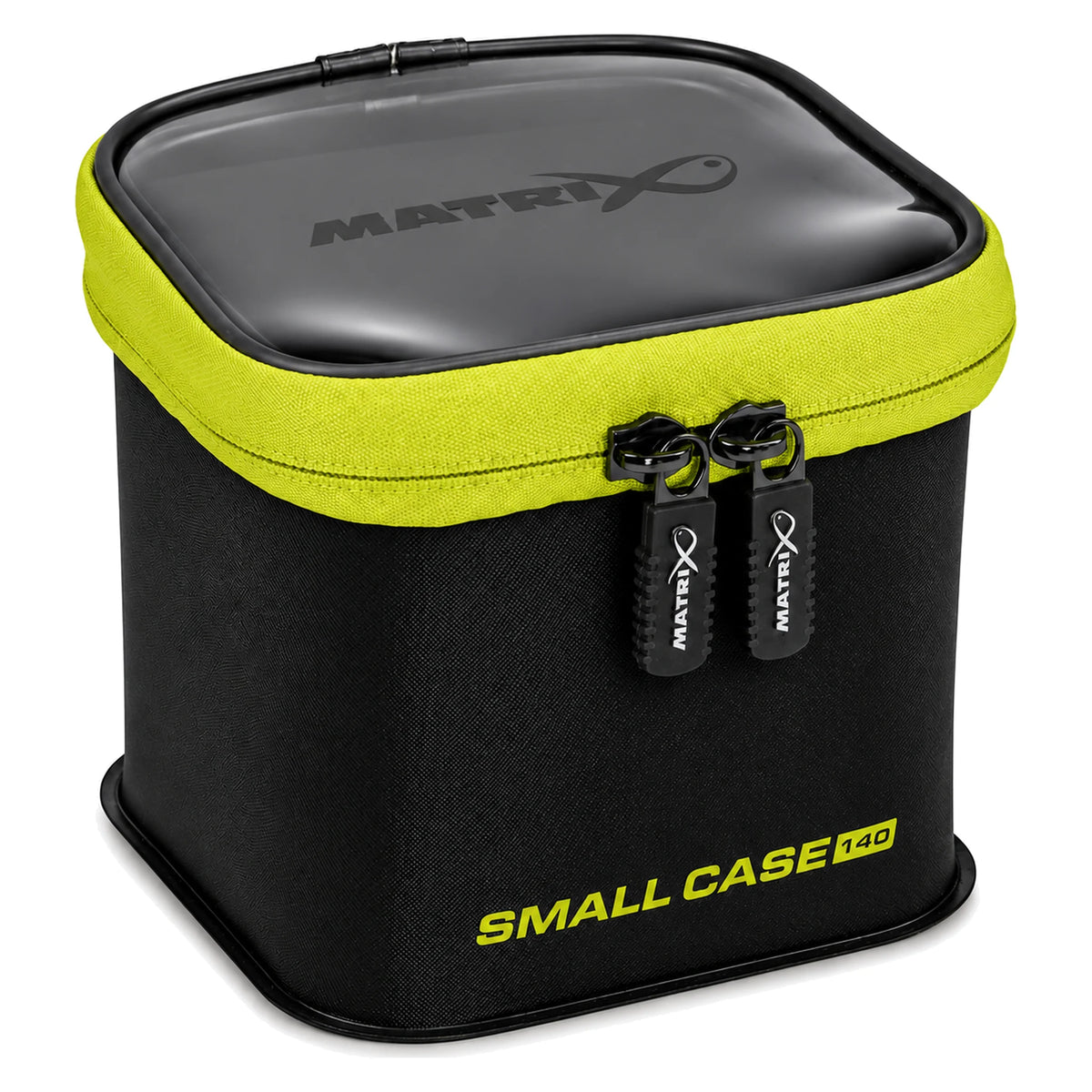 Matrix Small EVA Case 140 GLU168 – gesloten zwarte opbergcase met transparant deksel, lime ritsrand en twee Matrix-ritstrekkers