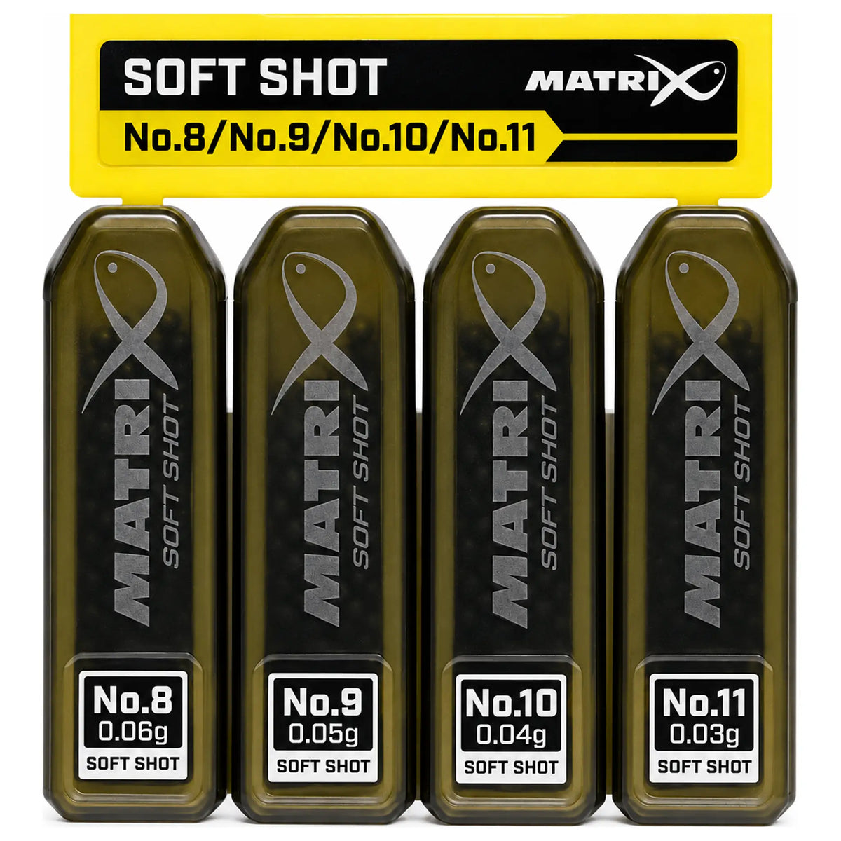 Vier Matrix Soft Shot dispensers, nummers 8 tot en met 11, met gewichtslabels