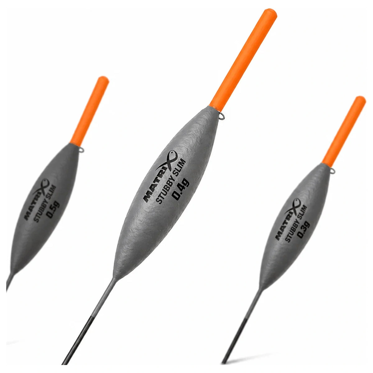 Drie Matrix Stubby Slim dobbers met grijze lichamen en oranje antennes