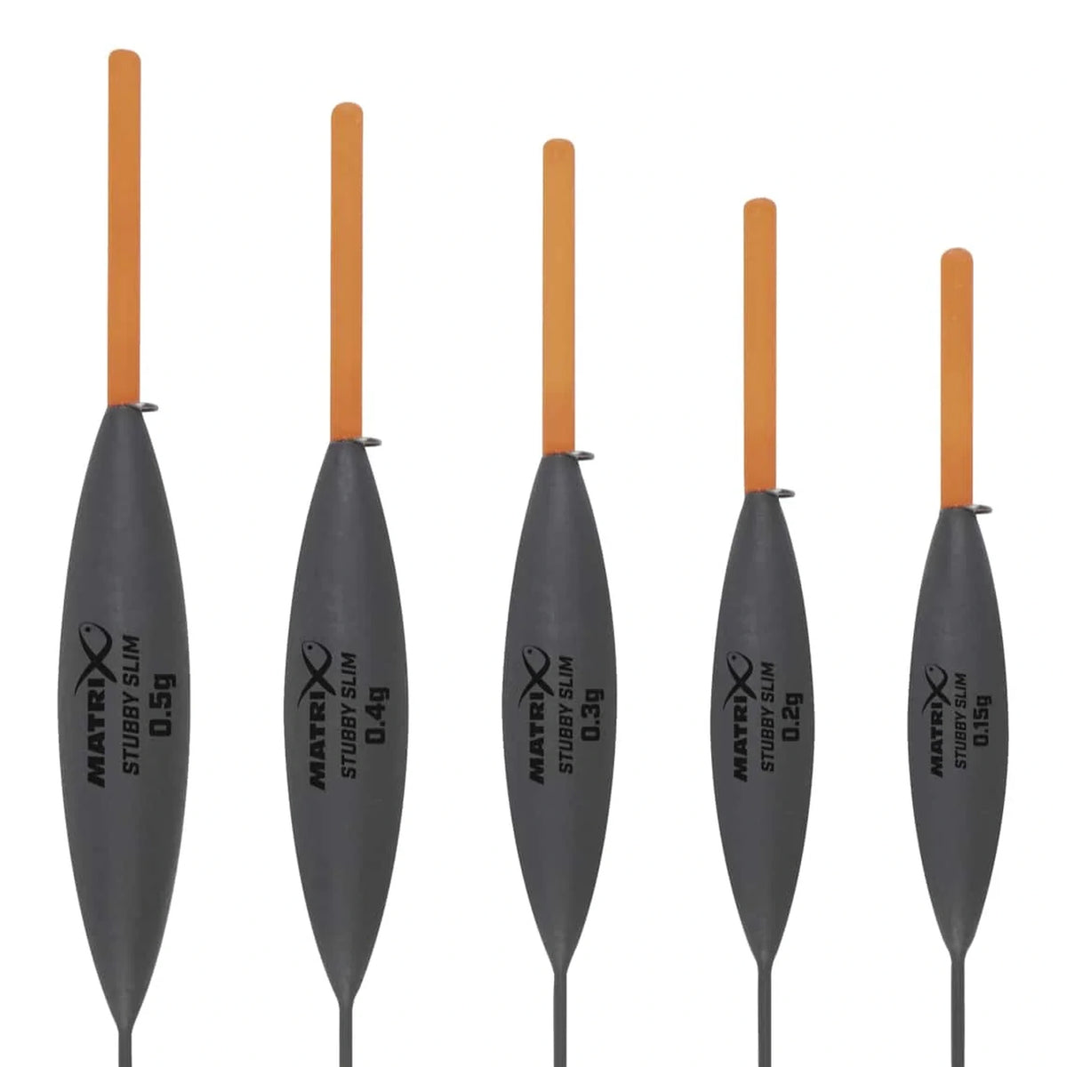 Matrix Stubby Slim Pole Float – vijf frontale dobbers met volledige oranje antennes en leesbare draagvermogens